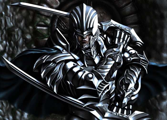 Knight in ornate silver armor with two swords