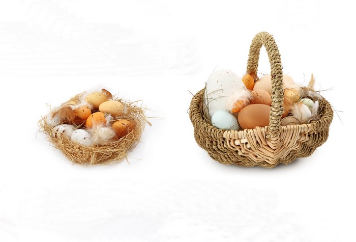 Easter eggs in a nest and a wicker basket