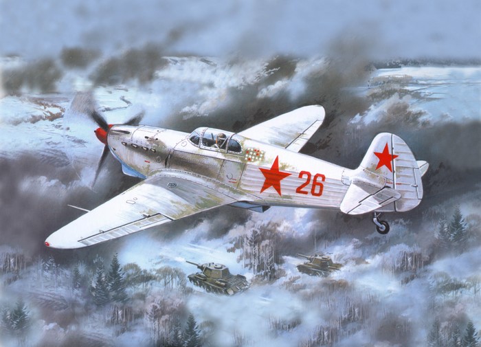 Painting of a Soviet fighter plane in flight over tanks