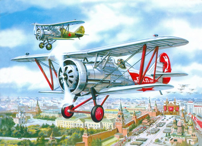 Biplanes flying over Moscow
