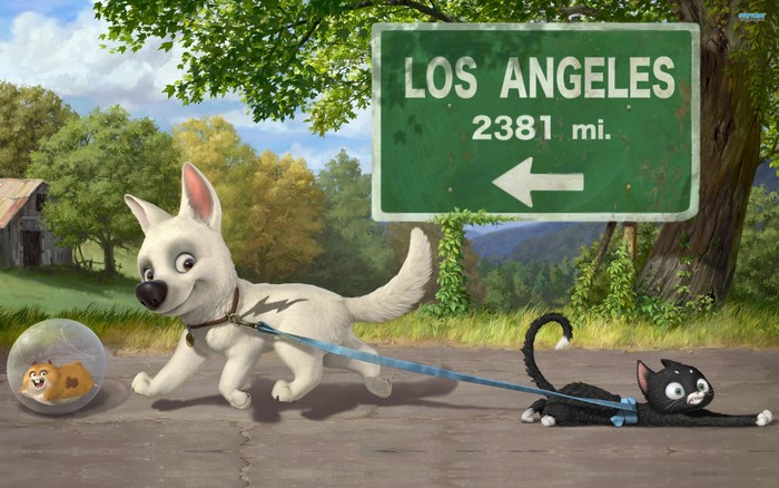 Bolt and Mittens on the road to Los Angeles