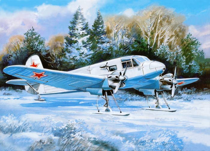 Yak-6M airplane on skis in snow