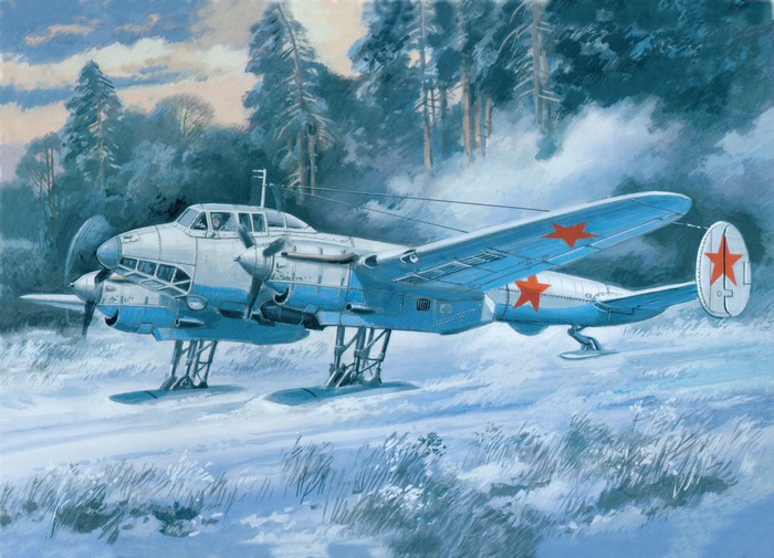 Petlyakov Pe-2 airplane on skis in snow