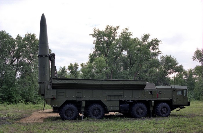 Iskander-E missile launcher vehicle in a forest