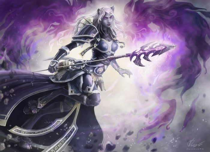Female warrior with purple energy and staff