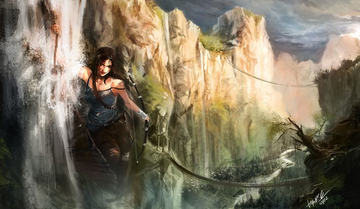 Lara Croft from Tomb Raider with bow and arrow near waterfalls