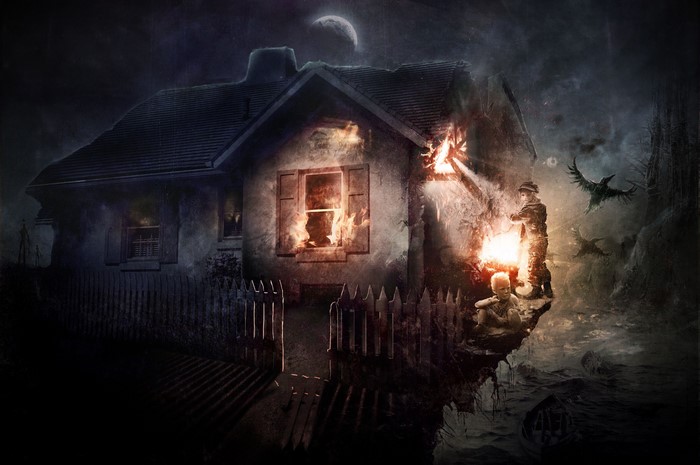 Gothic Fantasy House on Fire with Figures and Birds