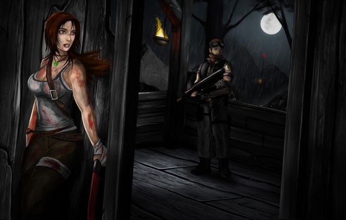 Lara Croft from Tomb Raider in a dark, rainy setting