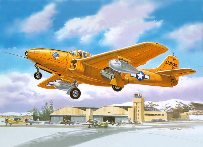Yellow Fighter Airplane Taking Off Over Snowy Airfield