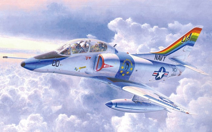 Douglas TA-4J Skyhawk in flight with rainbow tail