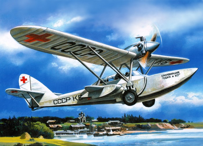 Painting of a Soviet seaplane flying over a village