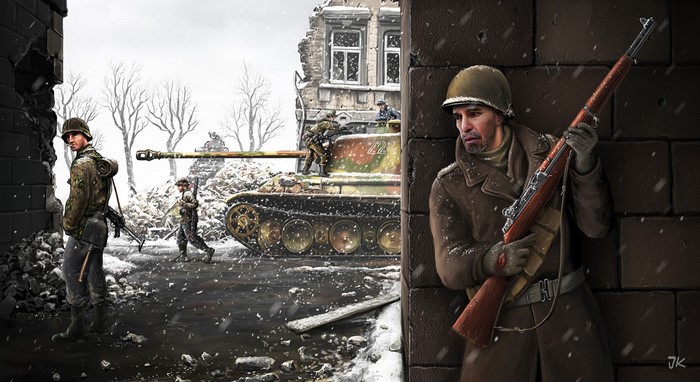 Soldiers and Tank in a Snowy Battle Scene