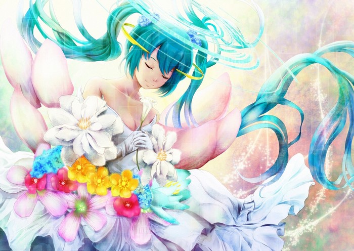 Hatsune Miku in a white dress with flowers