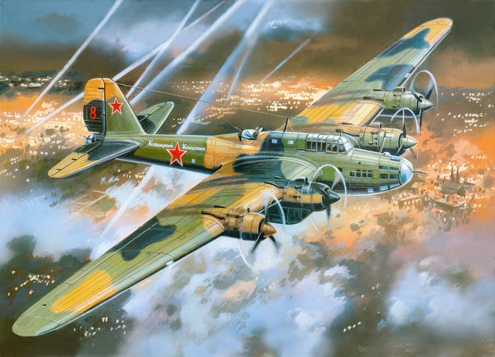 Painting of a Soviet Pe-8 bomber flying over a city at night