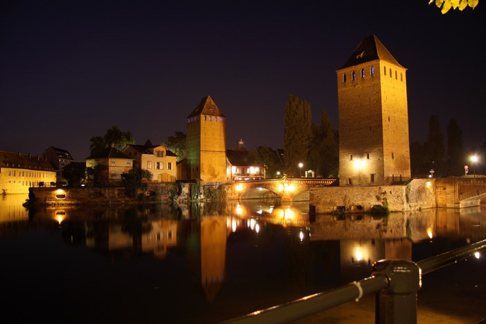 Strasbourg bridges and towers at night