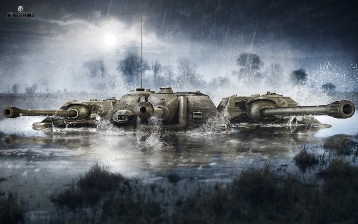World of Tanks three tanks in swamp during rain