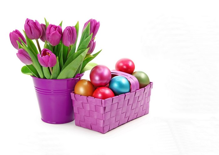 Easter Tulips and Eggs in a Wicker Basket