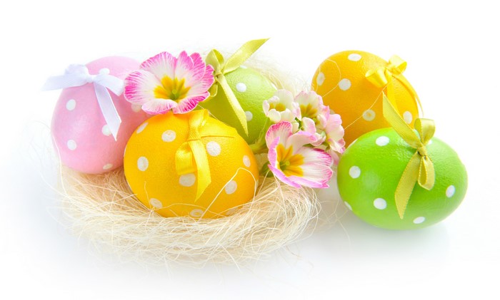 Polka Dot Easter Eggs in a Nest with Flowers