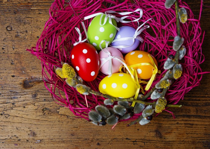 Easter Eggs in a Nest with Pussy Willows