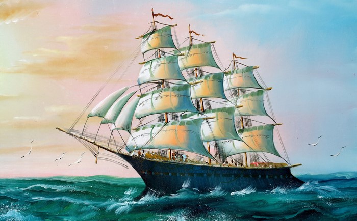 Painting of a tall ship sailing on the ocean