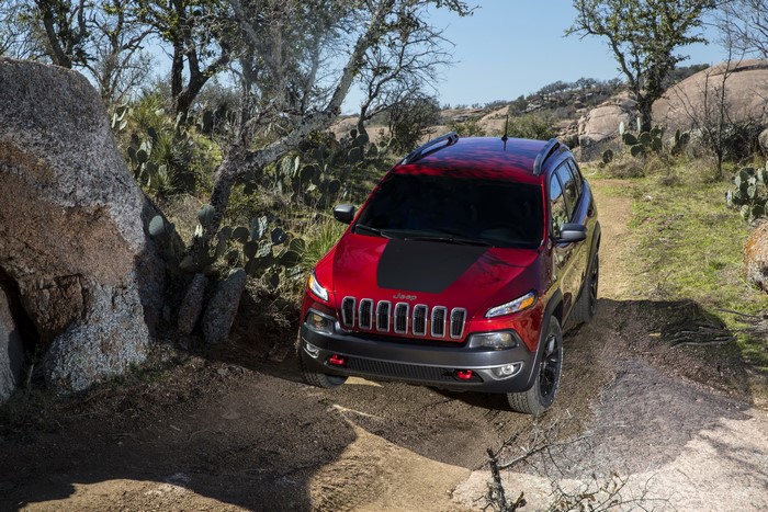 Red Jeep Cherokee Trailhawk on a dirt path