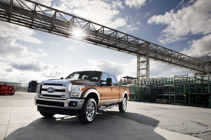 Ford Super Duty truck under industrial structure