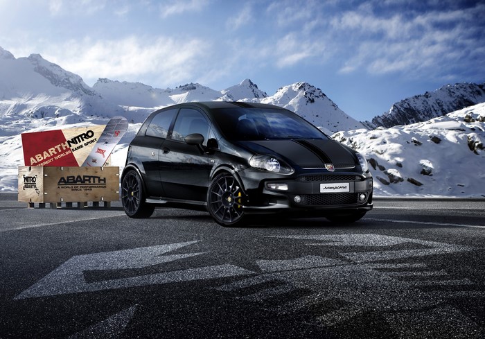 Abarth Punto Evo Scorpione with Nitro boxes in mountains