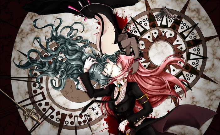 Two Vocaloid girls kissing on a clock face