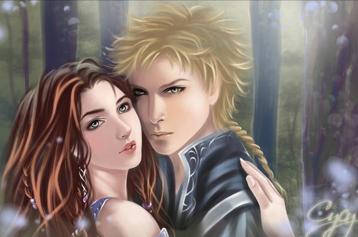 Couple embracing in a mystical forest