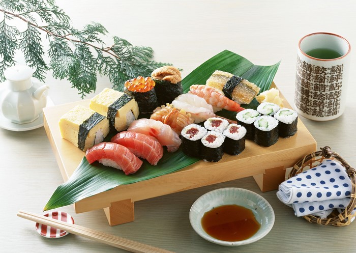 Sushi platter with tea and soy sauce