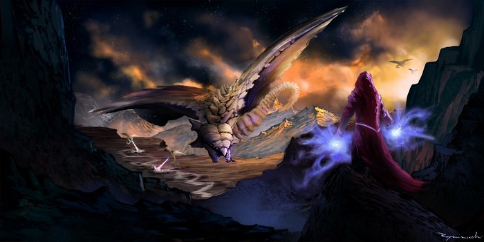 Dragon and wizard with magic in a rocky landscape