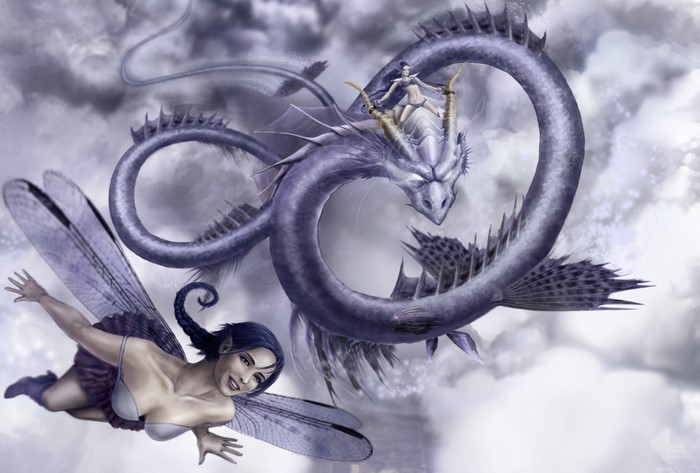 Two fairies flying with a purple dragon in the sky