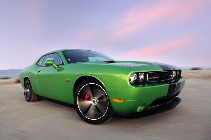 Green Dodge Challenger SRT8 392 with Black Stripes
