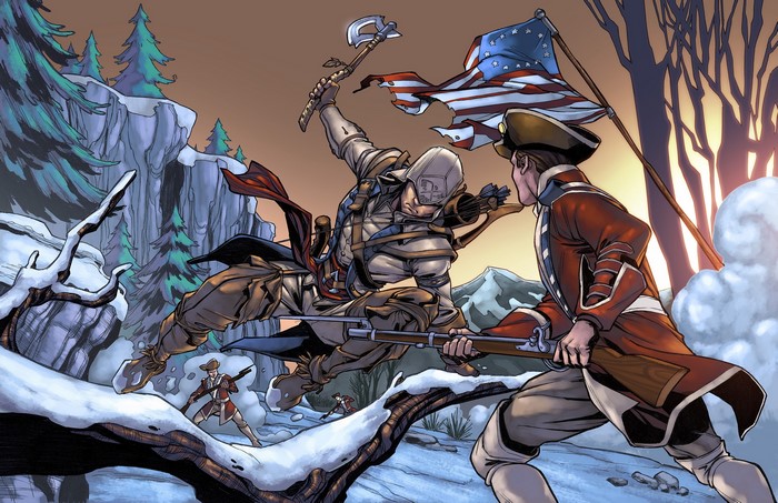 Connor Kenway from Assassin's Creed 3 fighting a British soldier