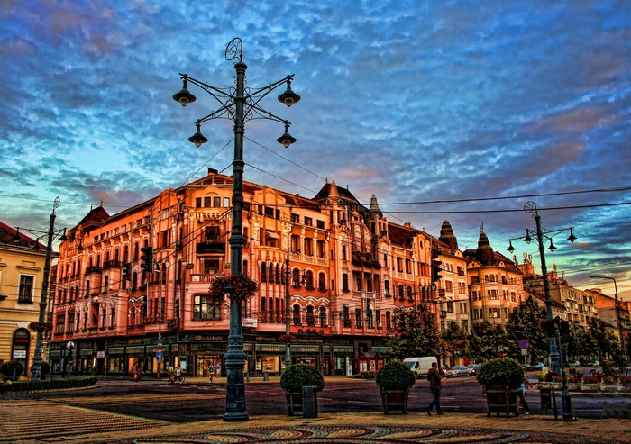 Debrecen, Hungary street scene at dusk with HDR effect
