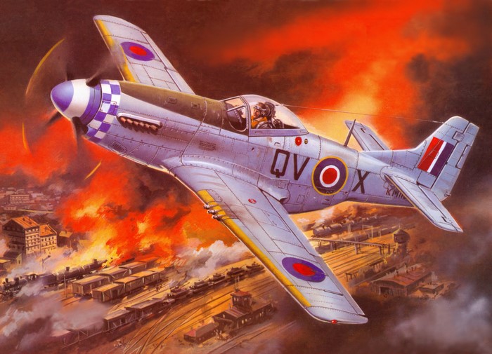 Mustang Mk.4A airplane attacking a burning train yard