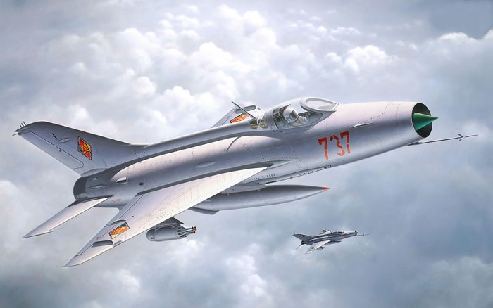 4K MiG-21F-13 Fighter Airplanes in Flight
