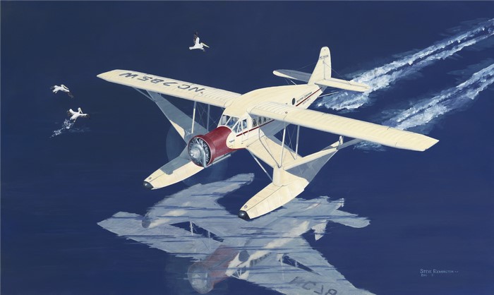 Painting of a seaplane taking off with birds