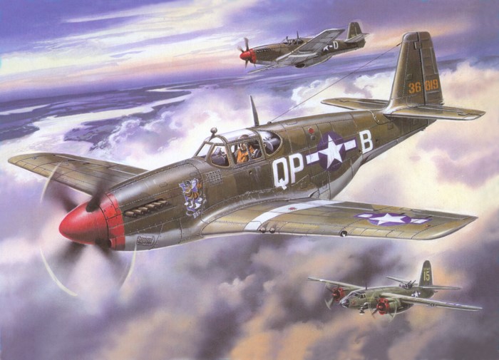 P-51B airplanes in flight over clouds