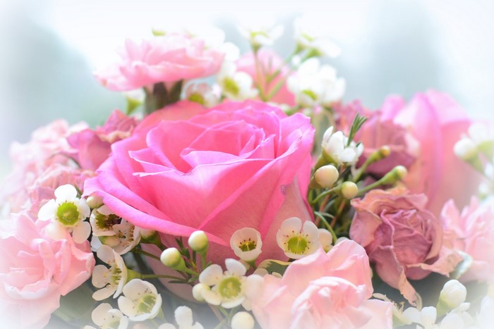 Pink Roses and Small White Flowers Bouquet