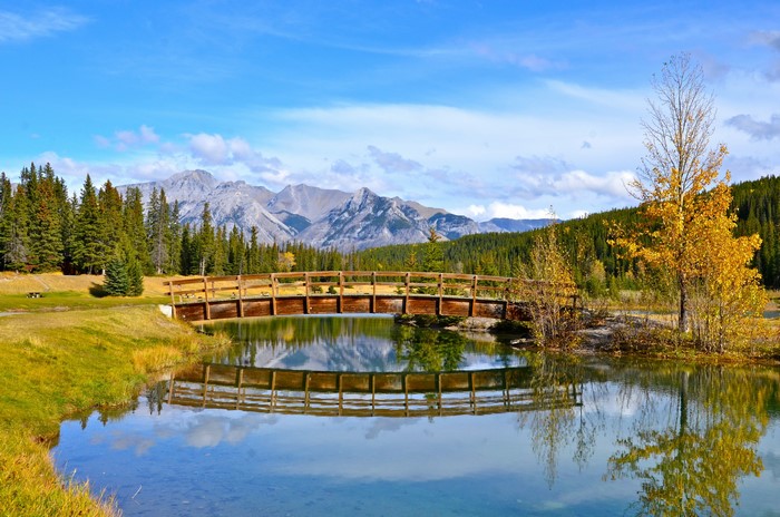 Wooden bridge over a pond with mountains in Banff, Canada