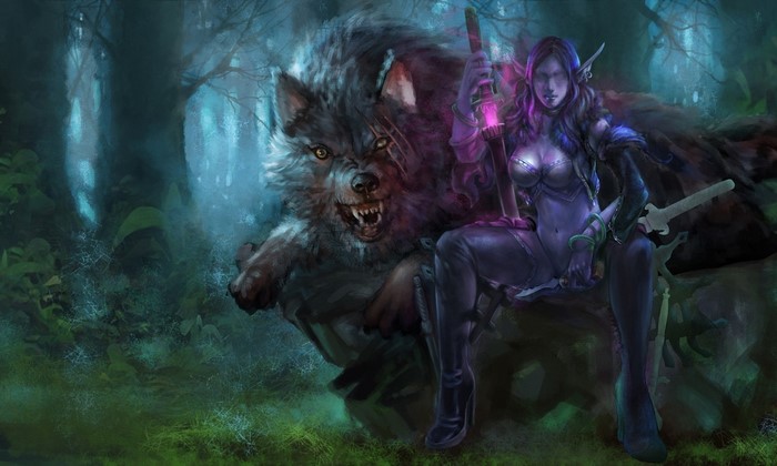 Elf warrior with wolf in a dark forest