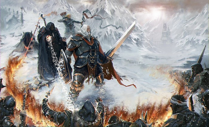 Warriors and mages in a snowy mountain battle