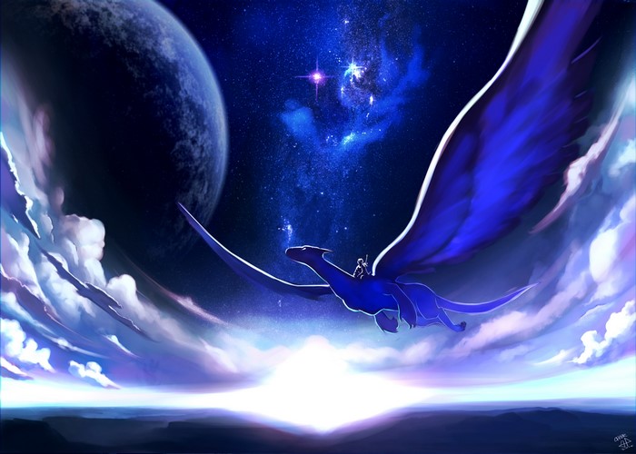 Dragon with Rider Flying in Space Near Planet