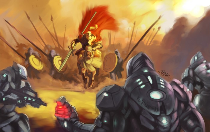Warriors in futuristic armor and knight on horseback in battle