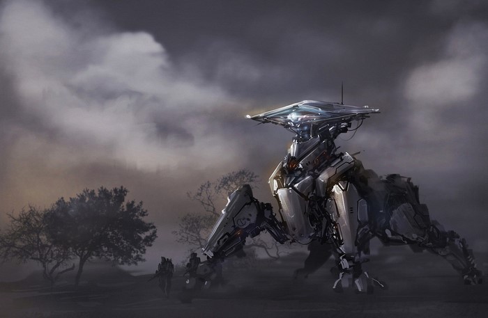 Robot and soldiers in a misty landscape