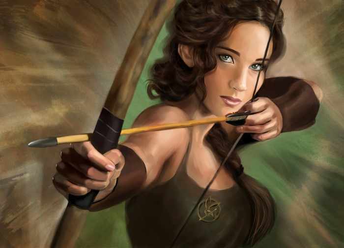 Katniss Everdeen from The Hunger Games with a bow and arrow