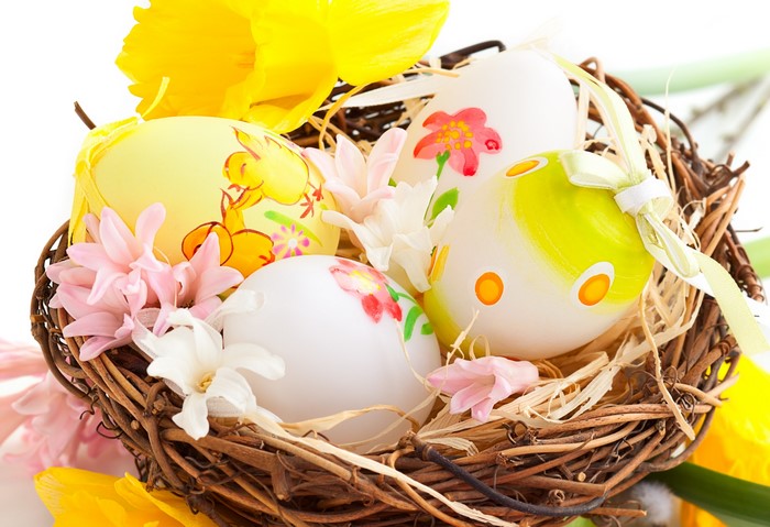 Easter eggs in a nest with flowers