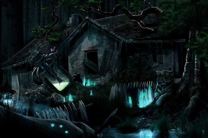 Gothic fantasy ruined house at night with tiger