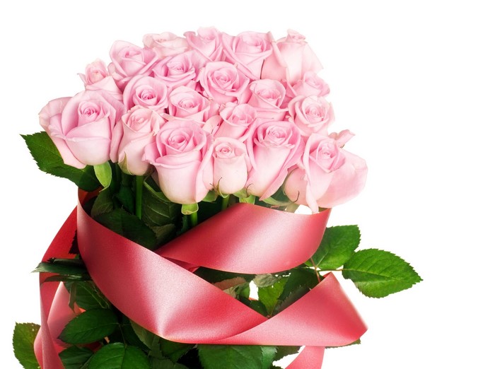 Pink roses bouquet with red ribbon
